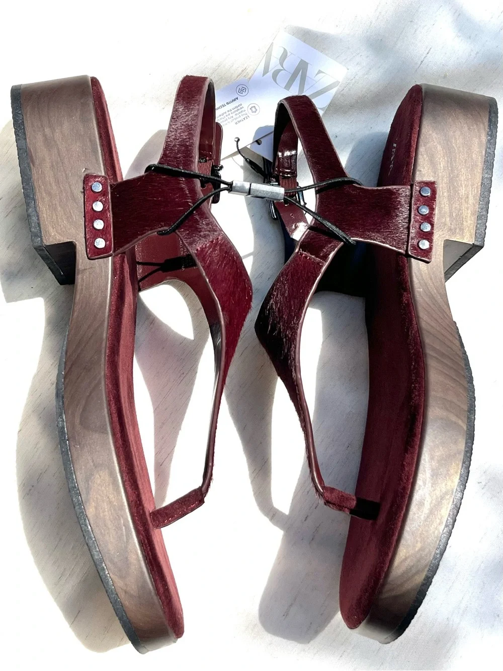 Zara Leather Strap Sandals With Rivets Burgundy Red Platform Sheep Skin Size 10 - Picture 13 of 15